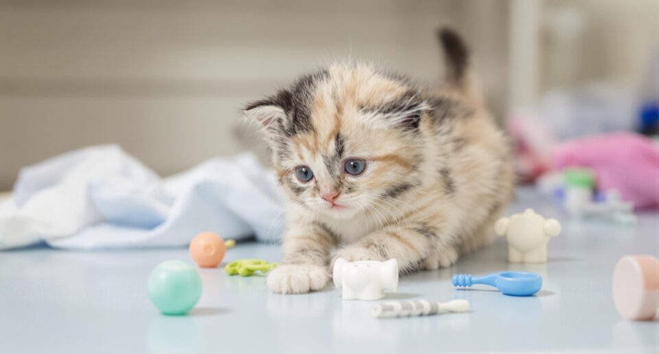 Kitten playing with toys scattered on the floor