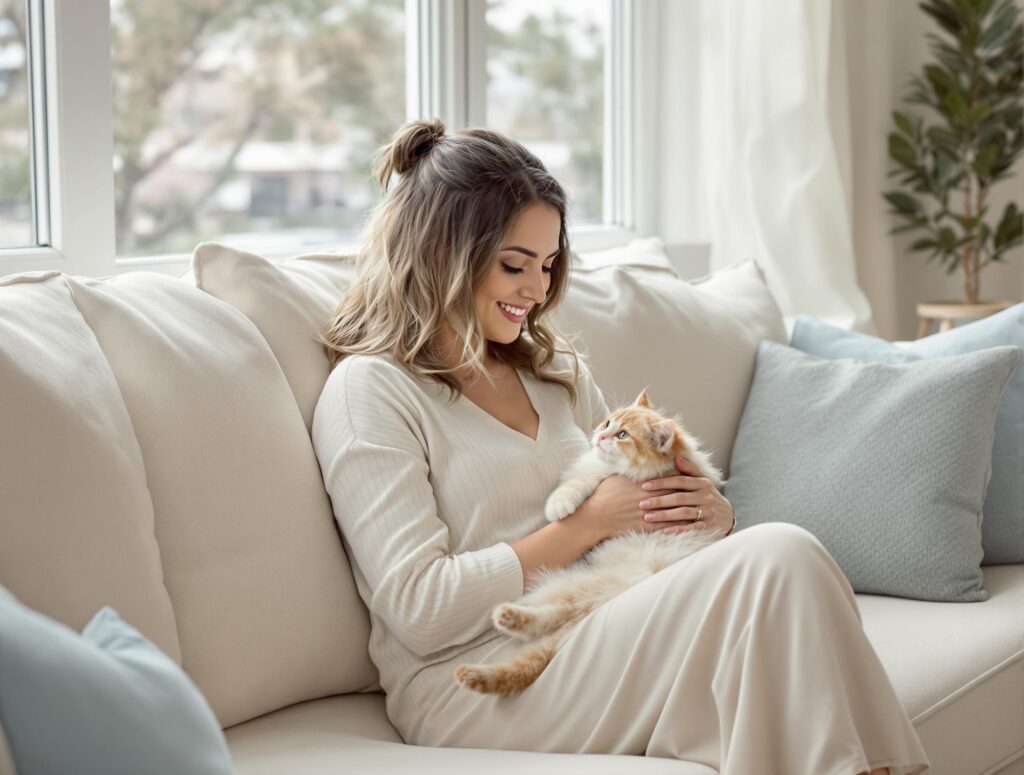 A person with wavy blonde hair in a half-up style wearing a cream-colored outfit smiles while holding an orange and white kitten on their lap while sitting on a light-colored couch in a bright, airy living room with houseplants.