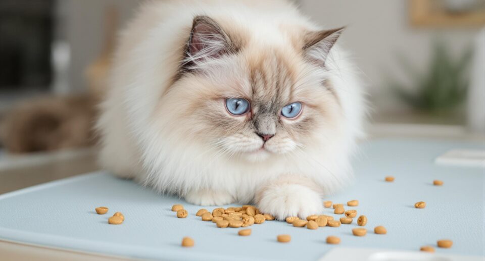 ragdoll cat over spilled dry food