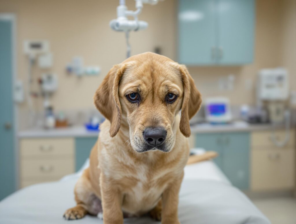 a sad dog on a vet clinic table
