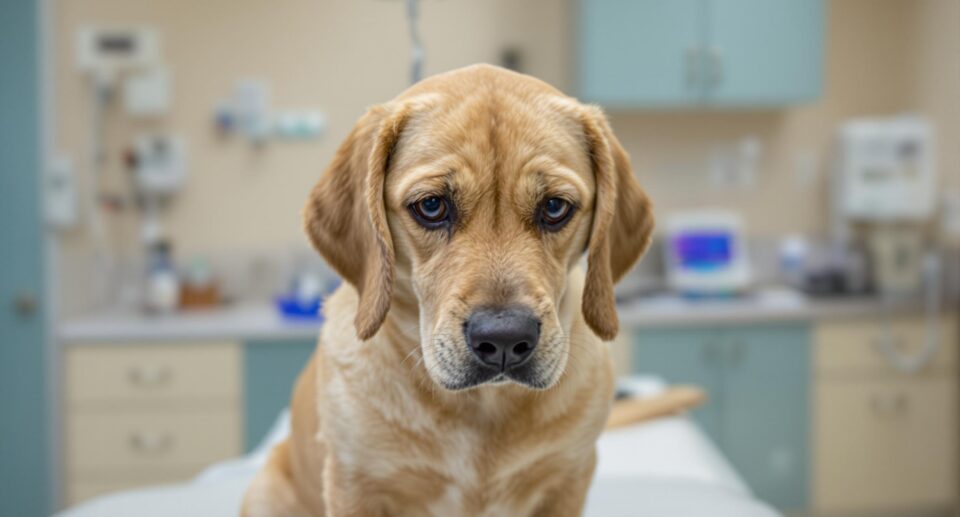 a sad dog on a vet clinic table