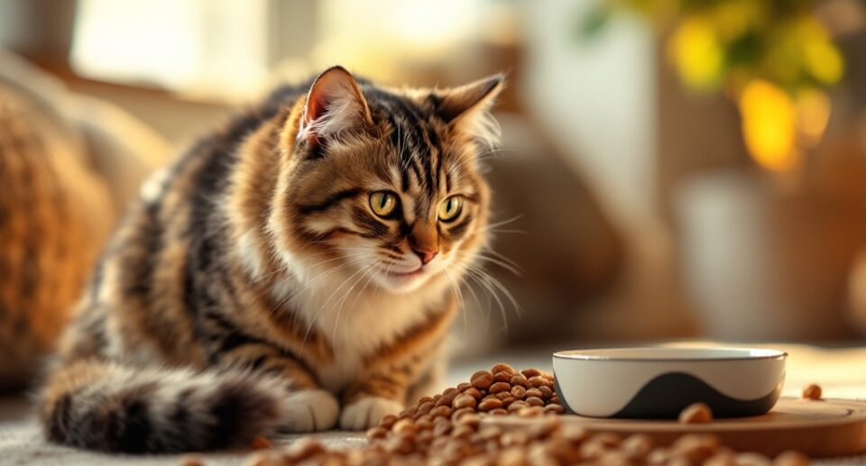 tabby-cat-staring-at-spilled-dry-food-next-to -a-bowl