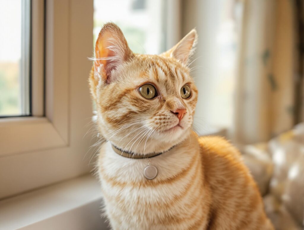 tabby kitten by window wearing a collar