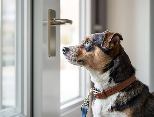 a tricolor dog wit collar and leash looking out the door.