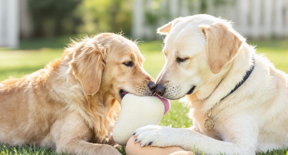 Golden retriever and labrador playing with a plushie