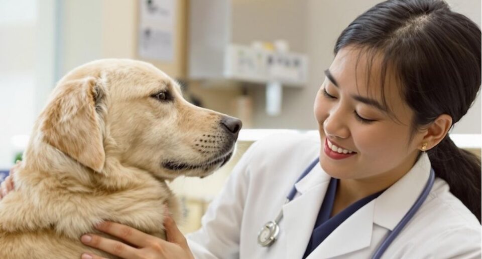 vet checking a labrador