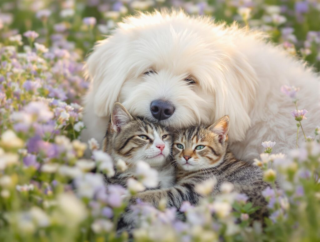 A fluffy white dog with closed eyes cuddles two tabby kittens among a field of delicate purple and white wildflowers.