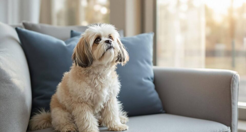 white shih tzu sitting on a couch
