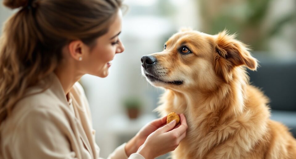 woman-offering-a-treat-to-a-golden-retriever-mix