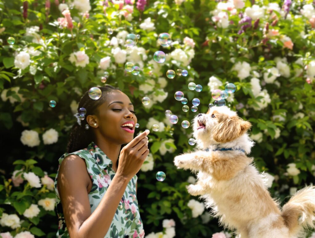 woman blowing bubbles and playing with puppy