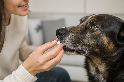 A woman giving her dog a probiotic tablet