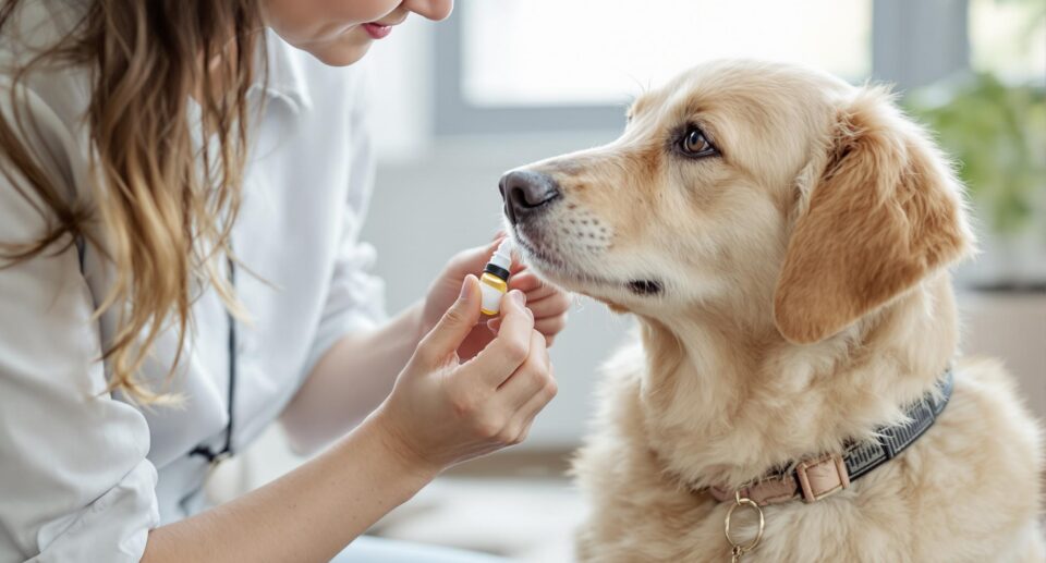 a pet owner gently administering CBD oil to a calm and trusting dog
