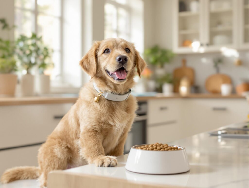 A happy dog near its food bowl on a kitchen counter