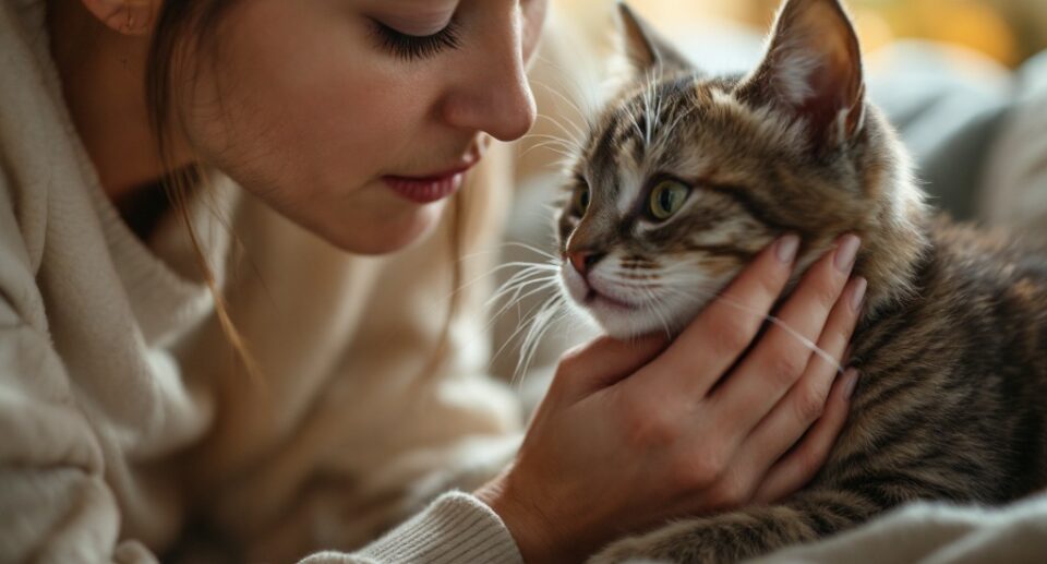 A woman gently holding a kitten