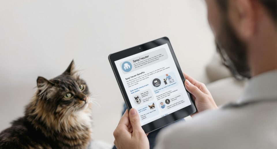 A cat owner is looking at a tablet with his cat near him.
