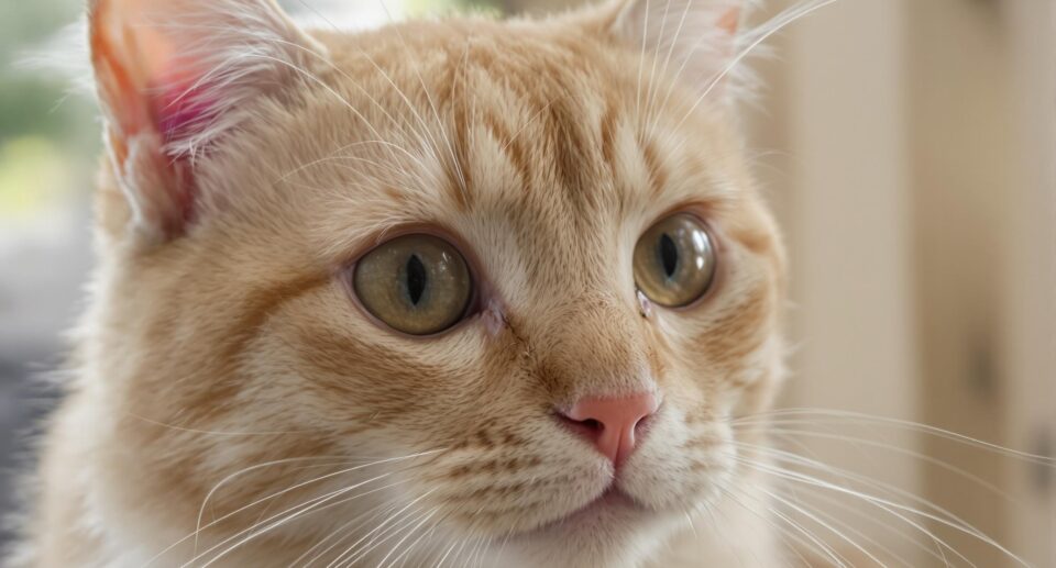 A close-up of a cat's face, highlighting bright eyes and whiskers, showcasing its personality and detail.
