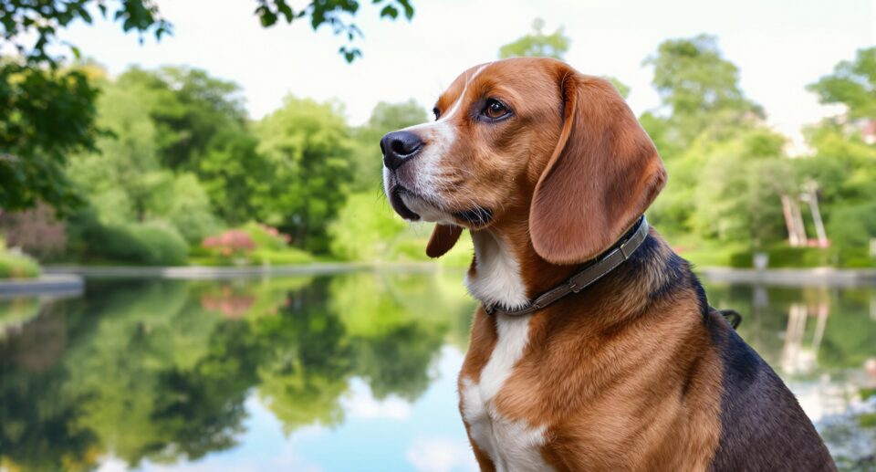 Beagle sitting by a pond