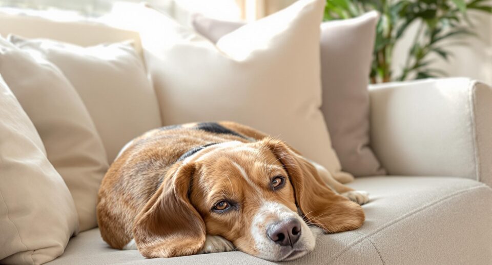 A calm beagle lying comfortably on a plush sofa in a warm, inviting living room environment.