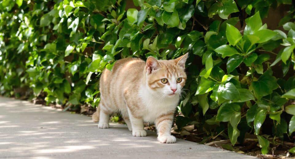 An adult cat exploring a lush garden, captured mid-step with a peaceful expression, surrounded by gentle green leaves and warm beige tones.