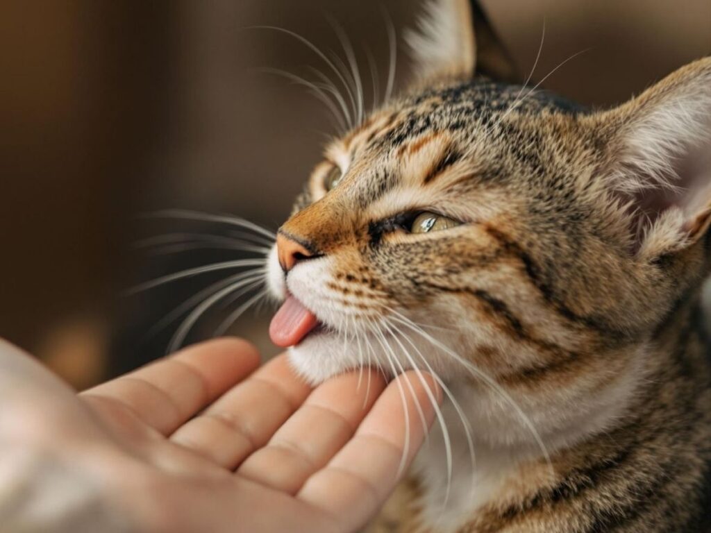 A cat with its tongue out about to lick a human hand