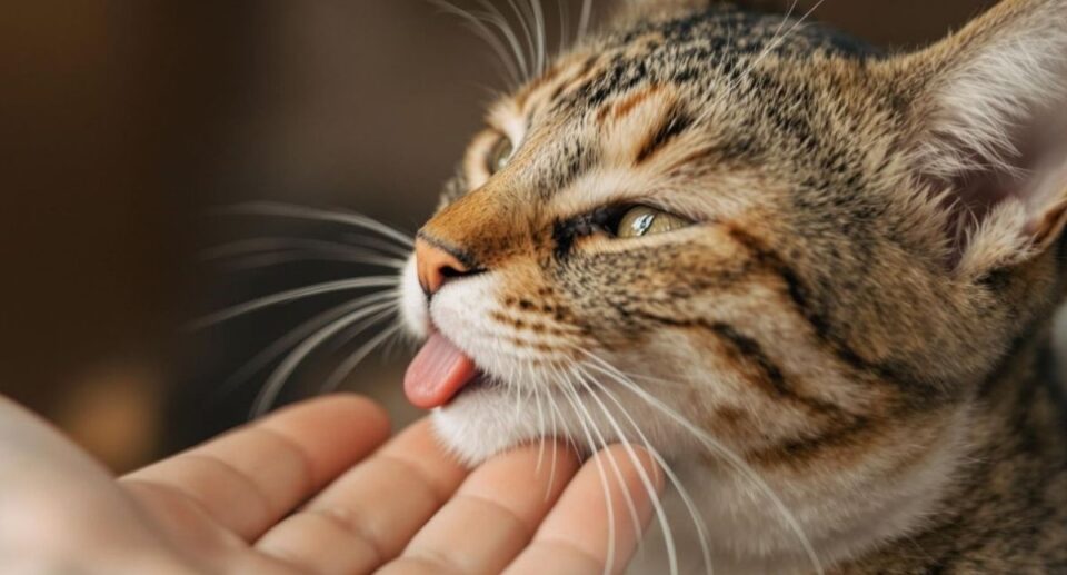 A cat with its tongue out about to lick a human hand