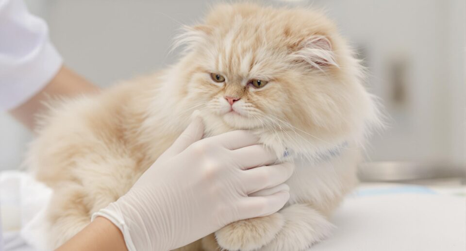 A close-up of a fluffy domestic cat on an examination table, with the gentle hands of a veterinarian wearing white gloves carefully examining the cat's paw. The scene is set in a clean, well-lit veterinary clinic with a soft, blurred background.