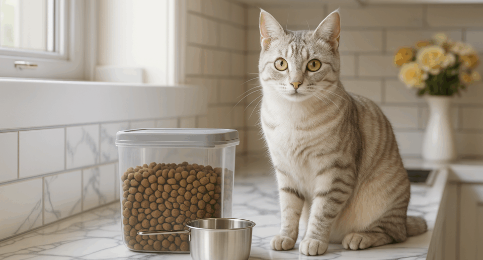 grey tabby cat on a kitchen counter next to a dry food container