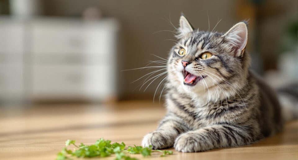 A gray and whirte cat playing with catnip