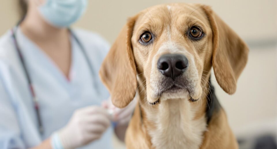 Close up of a Beagle in a vet's office