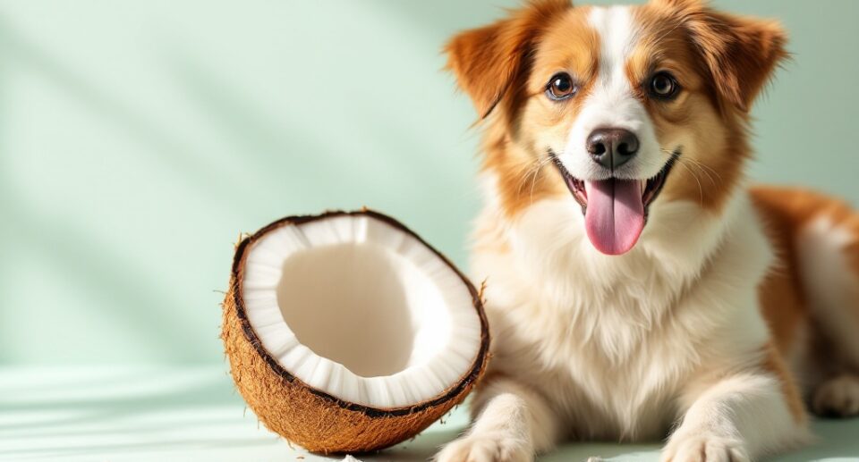 A dog beside a coconut cut in half