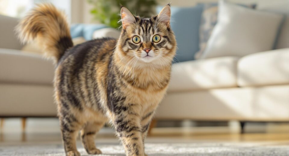 A confident cat with its tail held high, signifying happiness, in a warmly lit modern home with soft blue and beige accents.