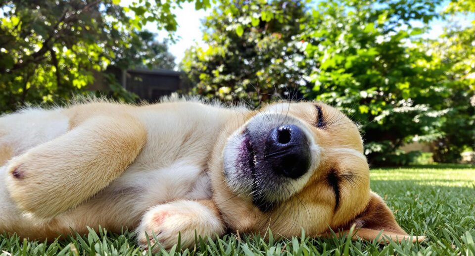 A content dog lying on its back, belly exposed, soaking up the sun in a garden surrounded by lush greenery and soft blue sky.