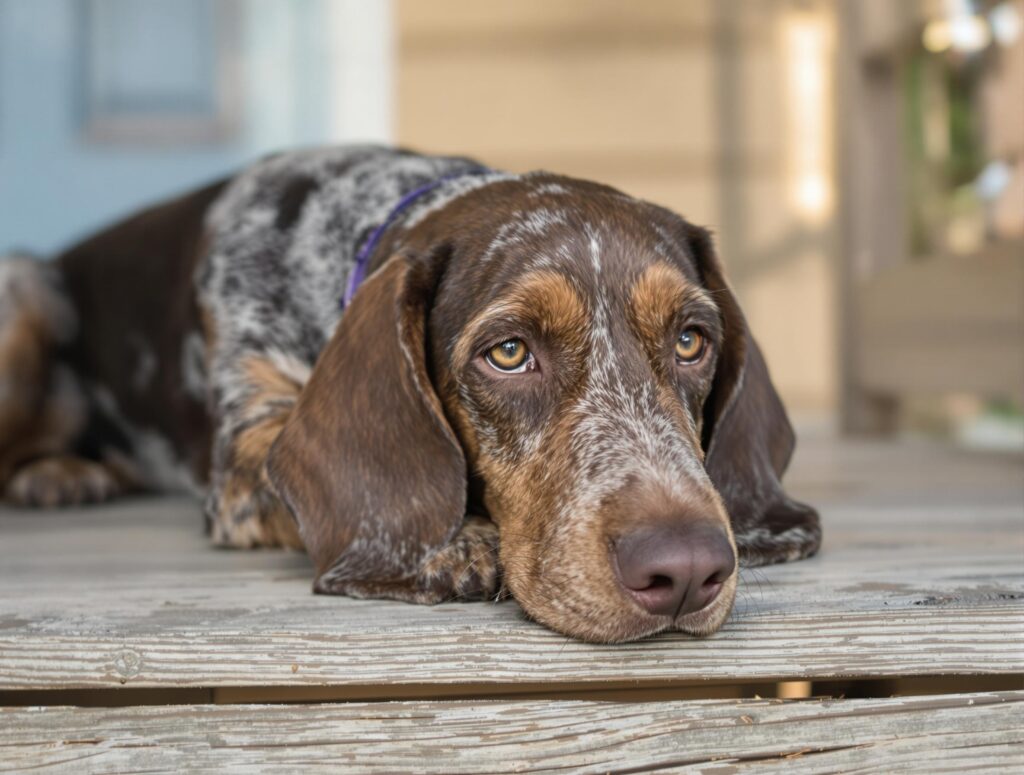 A coonhound on a wooden porch