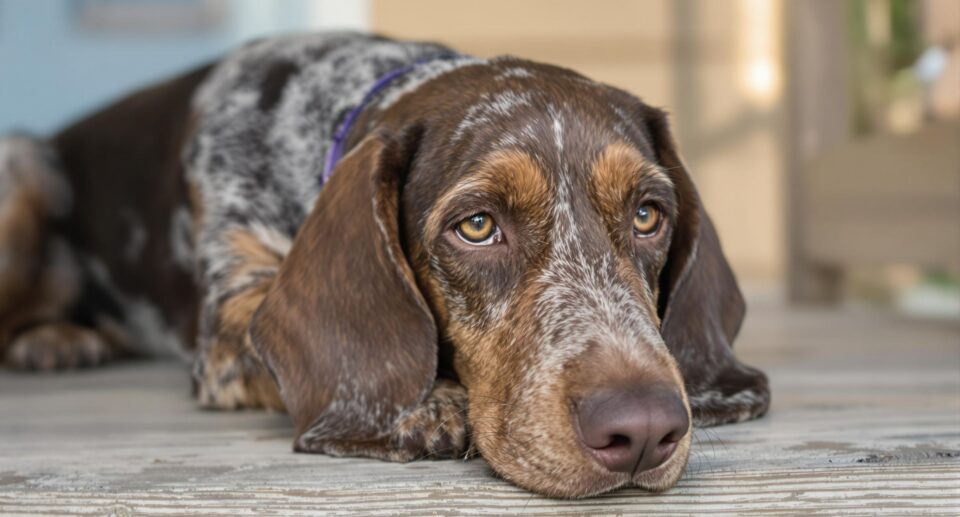 A coonhound on a wooden porch