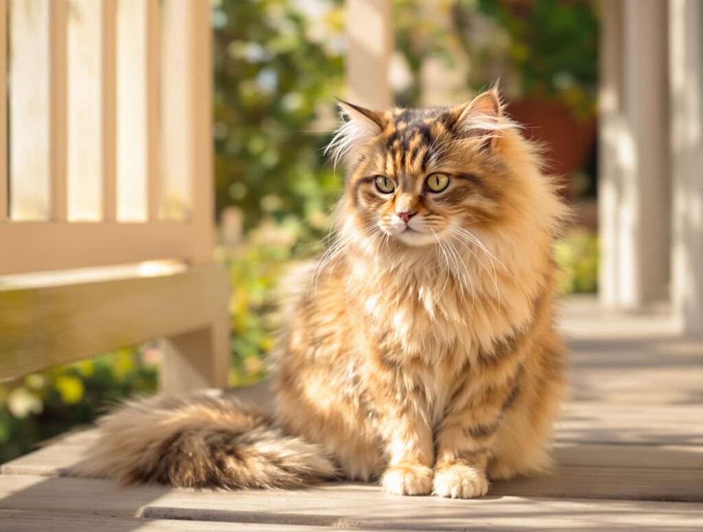 A fluffy cat gazing curiously at the surroundings while seated on a sun-drenched porch, with warm wooden textures