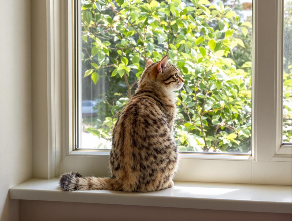 Curious cat sitting in a sunny window watching outdoor birds, with gentle green plants in the background, creating a serene scene.