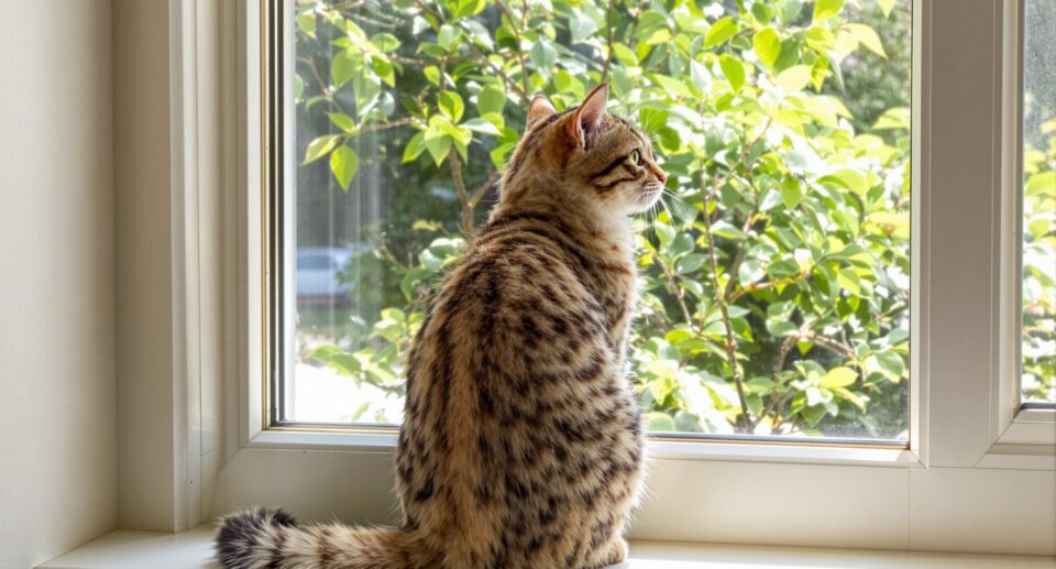Curious cat sitting in a sunny window watching outdoor birds, with gentle green plants in the background, creating a serene scene.