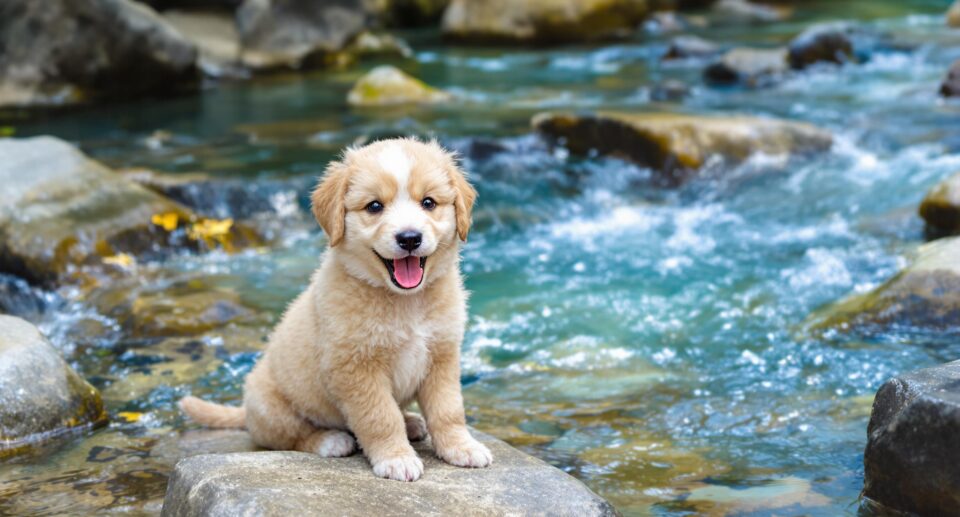 Playful puppy with teeth visible sitting beside a clear stream, surrounded by nature, emphasizing a fresh, adventurous theme