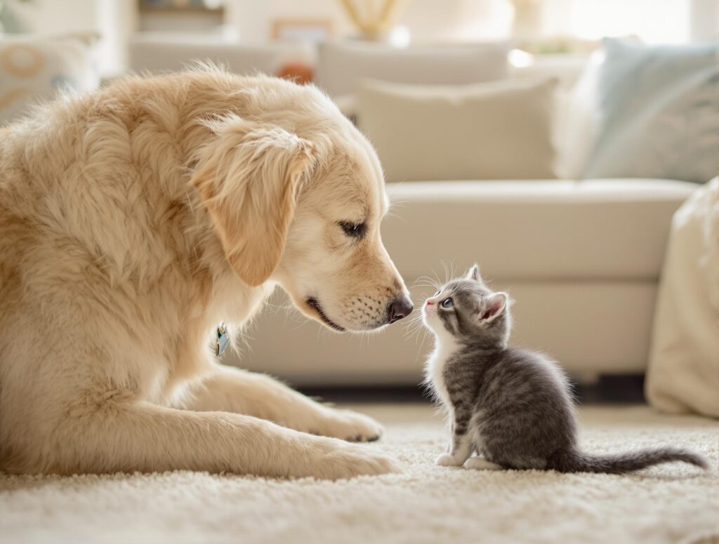 dog and kitten looking at each other curiously