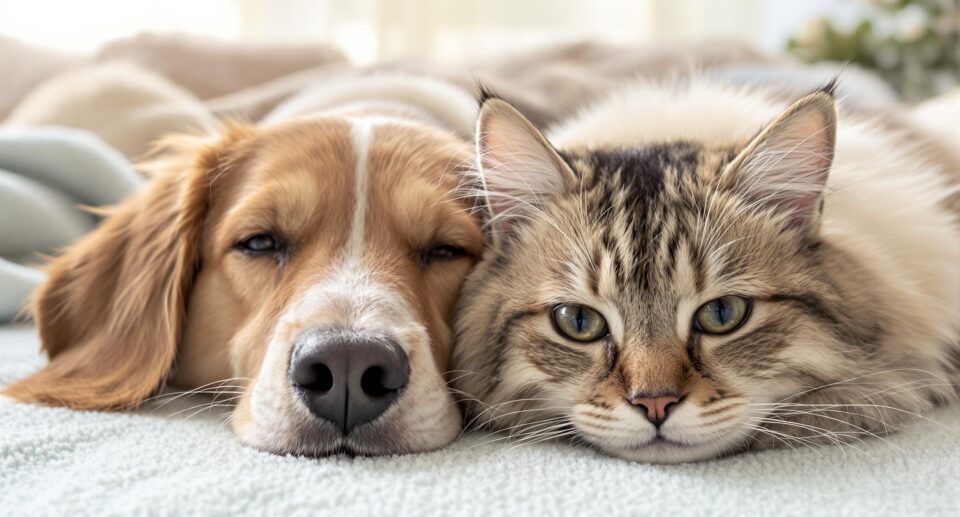 Close up of dog and cat lying next to each other
