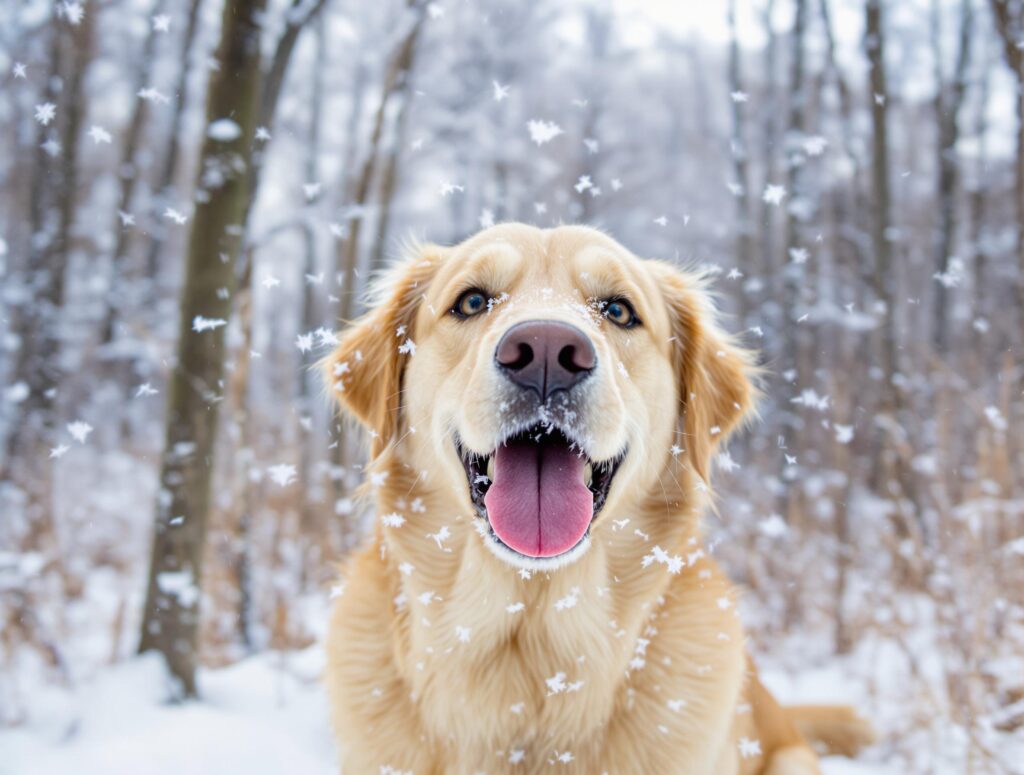 A happy dog catching snowflakes on its tongue in a snow-covered forest background, highlighting joy and winter fun.