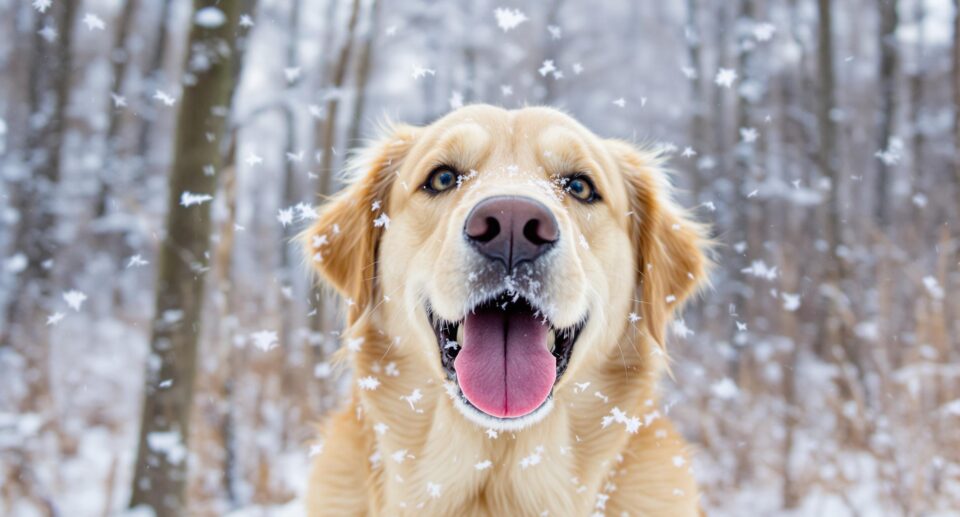 A happy dog catching snowflakes on its tongue in a snow-covered forest background, highlighting joy and winter fun.