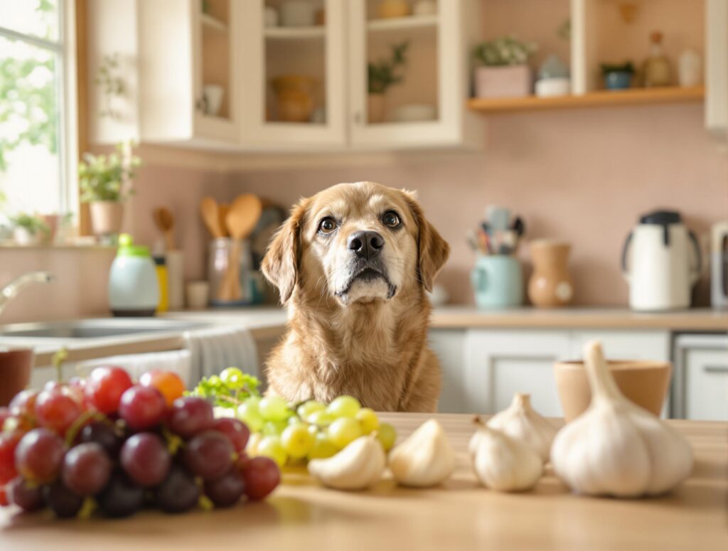In a warm kitchen, a dog looks hesitantly at toxic foods like grapes and garlic on a counter, under soft natural light.