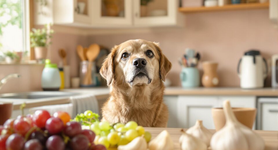 In a warm kitchen, a dog looks hesitantly at toxic foods like grapes and garlic on a counter, under soft natural light.