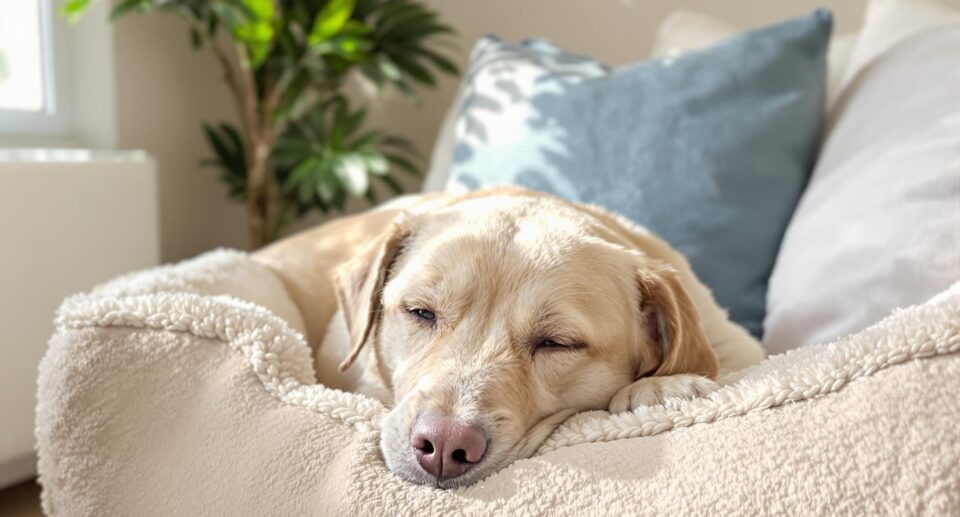 A medium-sized dog resting in a comforting home environment, displaying mild symptoms but relaxed and at ease amidst soft beige and blue decor.