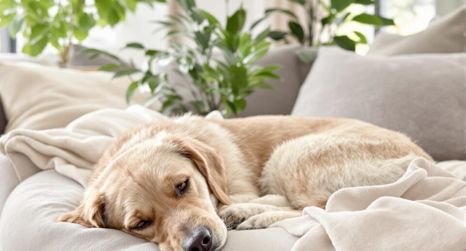 A dog resting comfortably at home, conveying a sense of safety and well-being