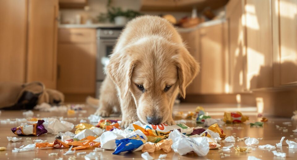 A medium-sized golden retriever puppy caught nosing through trash in a cozy, modern kitchen with warm wood cabinetry and earth-toned accents.
