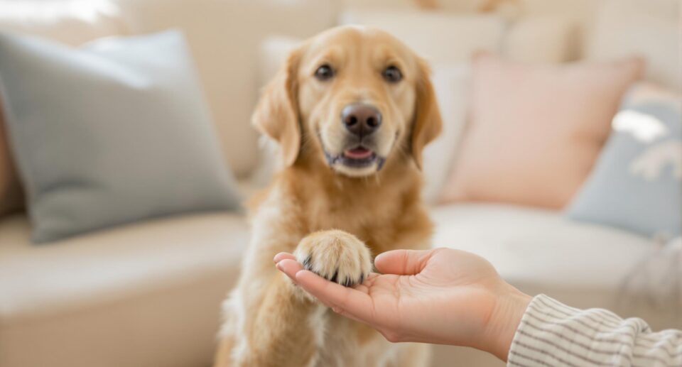 A golden retriever offering its paw to an owner's hand in a cozy living room, illustrating the shake hand trick with warmth and camaraderie.