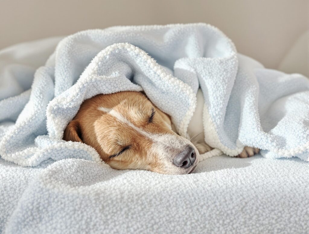 A dog sleeping in a blanket