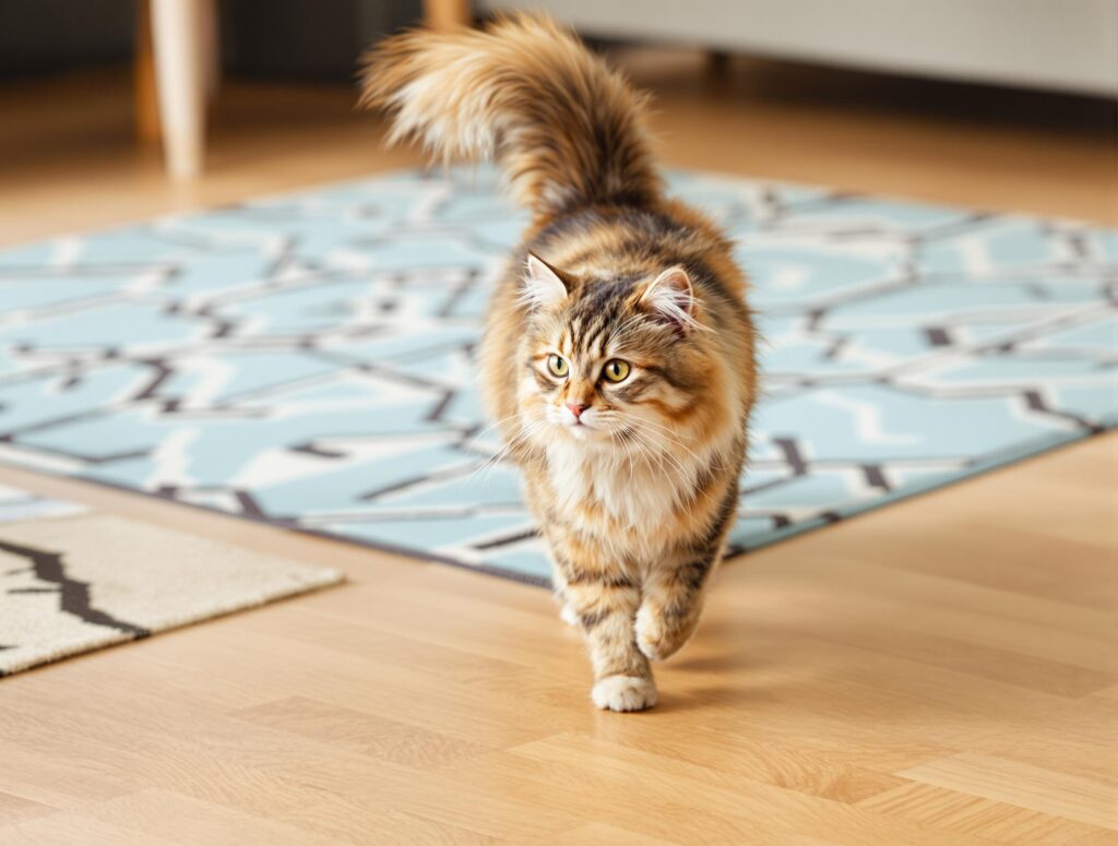 Fluffy tabby cat with tail up